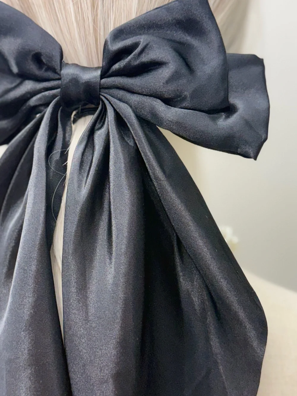 New Oversized Black Satin Bow Hair Barrette Long Tail Statement Clip